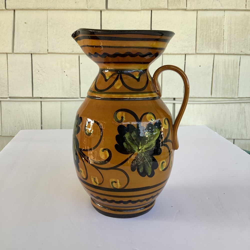 Vintage ALB 10 Italy Hand Painted Pottery Pitcher Ochre Floral Ceramic Vase